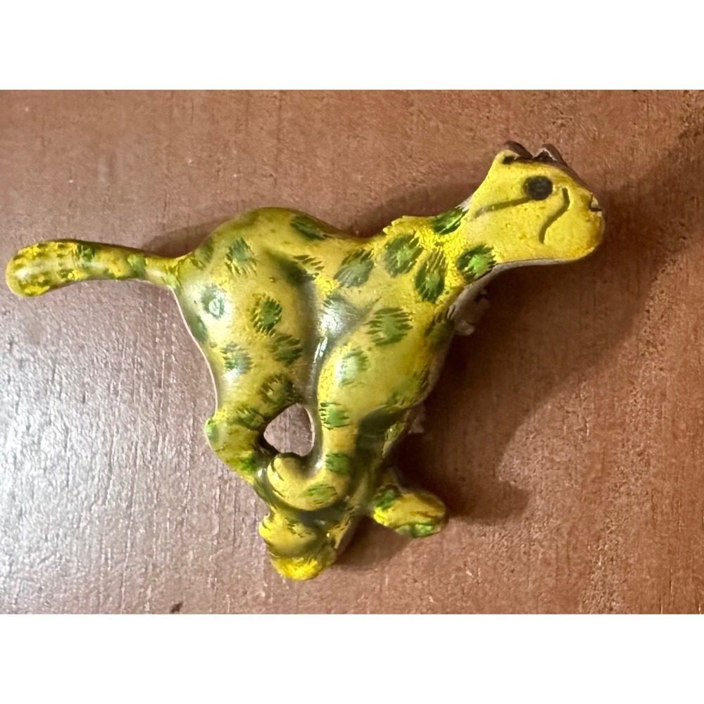 Vtg AJMC Green Enamel Leopard Cheetah Brooch • Retro Big Cat Pin
